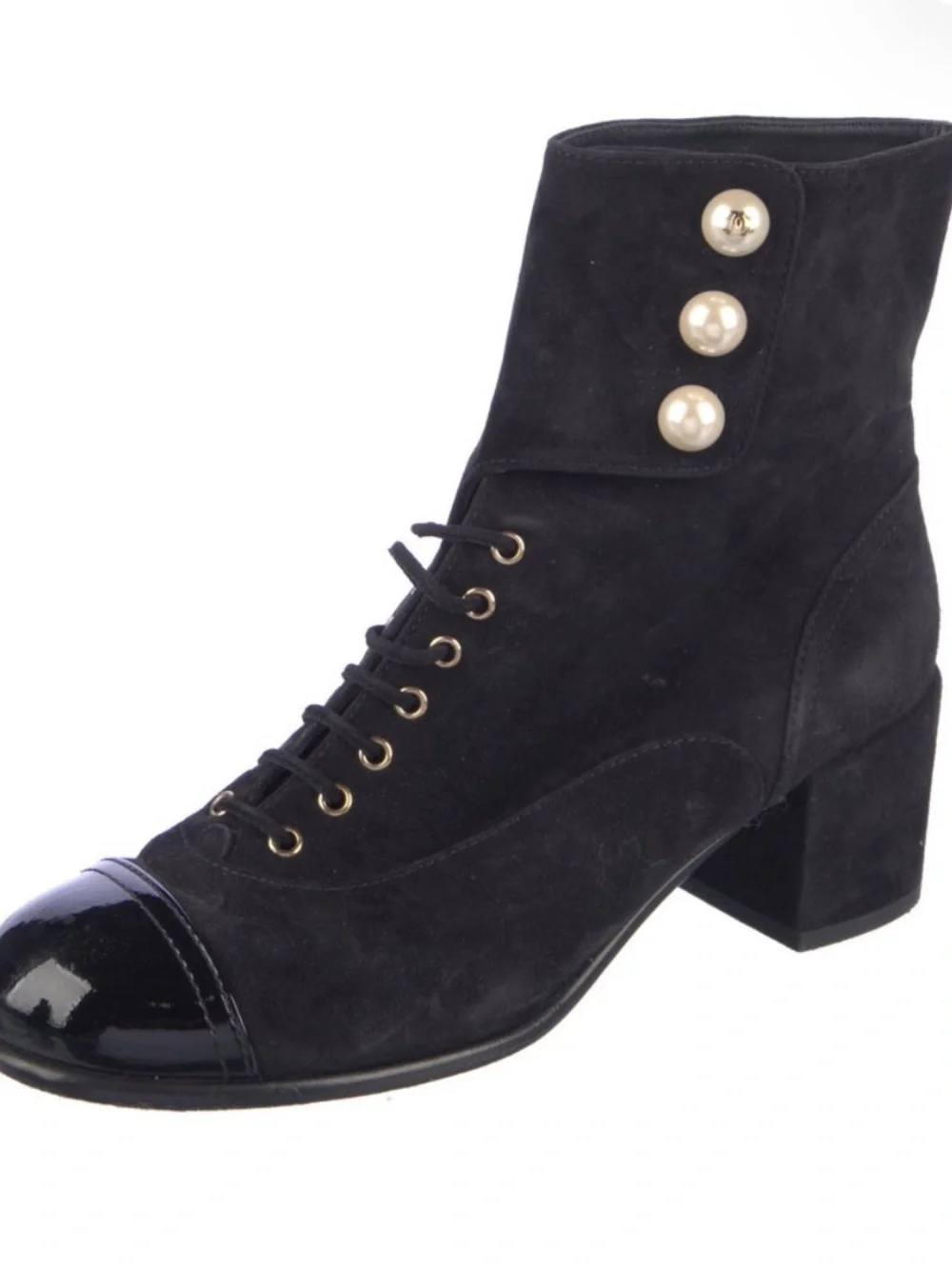 CHANEL Black Suede Lace-Up Ankle Boots with Patent Cap Toe and Pearl Buttons